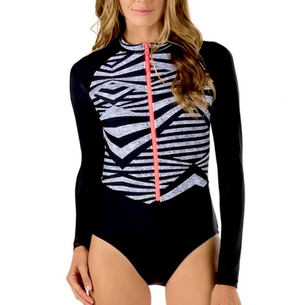 Speedo Striped Long-Sleeved One-Piece Swimsuit